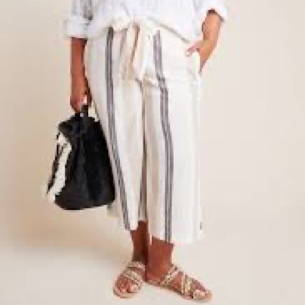 ANTHROPOLOGIE Shorebound Striped Linen Wide-Leg Cropped Pants